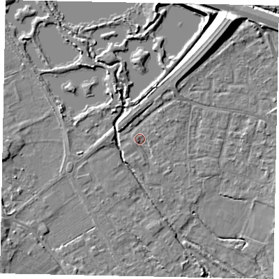 Shaded relief map of the ground around KT169EH, computed from Environment Agency LiDAR. The ground here sits at about 13 m above sea level and falls 11 m across the surrounding 800 m. Surface water reaching this point runs off ground lying to the north-north-east, 2.7 m higher.