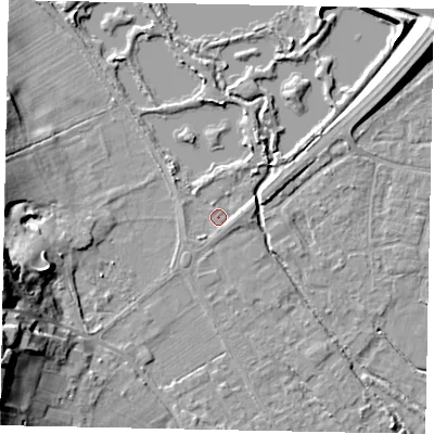 Shaded relief map of the ground around KT169EJ, computed from Environment Agency LiDAR. The ground here sits at about 14 m above sea level and falls 20 m across the surrounding 800 m. Surface water reaching this point runs off ground lying to the south, 0.9 m higher.
