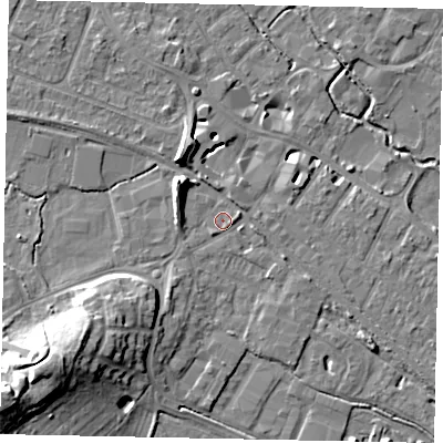 Shaded relief map of the ground around KT169EL, computed from Environment Agency LiDAR. The ground here sits at about 14 m above sea level and falls 18 m across the surrounding 800 m. Surface water reaching this point runs off ground lying to the south-west, 14.0 m higher.