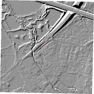Shaded relief map of the ground around KT169EQ, computed from Environment Agency LiDAR. The ground here sits at about 13 m above sea level and falls 11 m across the surrounding 800 m. Surface water reaching this point runs off ground lying to the north-north-east, 2.5 m higher.