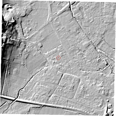 Shaded relief map of the ground around KT169ES, computed from Environment Agency LiDAR. The ground here sits at about 13 m above sea level and falls 21 m across the surrounding 800 m. Surface water reaching this point runs off ground lying to the south, 1.6 m higher.