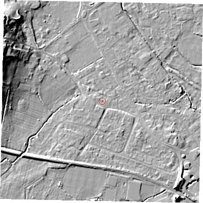Shaded relief map of the ground around KT169ET, computed from Environment Agency LiDAR. The ground here sits at about 14 m above sea level and falls 18 m across the surrounding 800 m. Surface water reaching this point runs off ground lying to the south-south-west, 1.1 m higher.