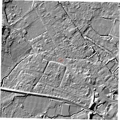 Shaded relief map of the ground around KT169EU, computed from Environment Agency LiDAR. The ground here sits at about 13 m above sea level and falls 9 m across the surrounding 800 m. Surface water reaching this point runs off ground lying to the south-west, 4.0 m higher.