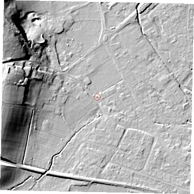 Shaded relief map of the ground around KT169EW, computed from Environment Agency LiDAR. The ground here sits at about 14 m above sea level and falls 28 m across the surrounding 800 m. Surface water reaching this point runs off ground lying to the west, 22.3 m higher.