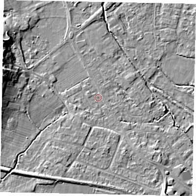 Shaded relief map of the ground around KT169EX, computed from Environment Agency LiDAR. The ground here sits at about 13 m above sea level and falls 13 m across the surrounding 800 m. Surface water reaching this point runs off ground lying to the south-south-west, 4.3 m higher.