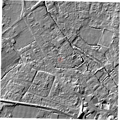 Shaded relief map of the ground around KT169EZ, computed from Environment Agency LiDAR. The ground here sits at about 13 m above sea level and falls 9 m across the surrounding 800 m. Surface water reaching this point runs off ground lying to the west-south-west, 0.6 m higher.