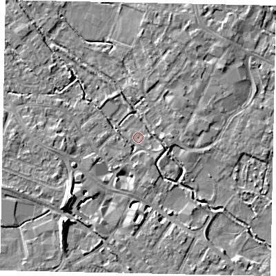 Shaded relief map of the ground around KT169FG, computed from Environment Agency LiDAR. The ground here sits at about 13 m above sea level and falls 10 m across the surrounding 800 m. Surface water reaching this point runs off ground lying to the south-east, 0.7 m higher.