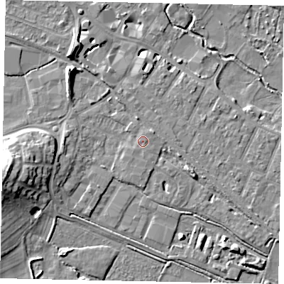 Shaded relief map of the ground around KT169FN, computed from Environment Agency LiDAR. The ground here sits at about 15 m above sea level and falls 14 m across the surrounding 800 m. Surface water reaching this point runs off ground lying to the east, 0.8 m higher.