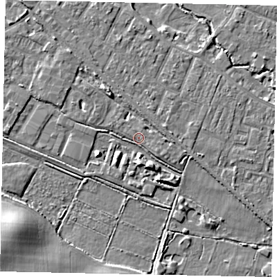 Shaded relief map of the ground around KT169FY, computed from Environment Agency LiDAR. The ground here sits at about 14 m above sea level and falls 12 m across the surrounding 800 m. Surface water reaching this point runs off ground lying to the north-east, 1.4 m higher.