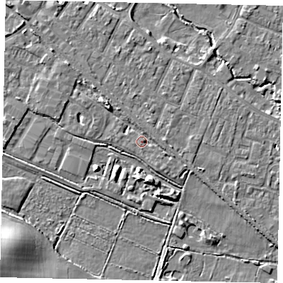 Shaded relief map of the ground around KT169GA, computed from Environment Agency LiDAR. The ground here sits at about 15 m above sea level and falls 11 m across the surrounding 800 m. Surface water reaching this point runs off ground lying to the north-west, 2.7 m higher.