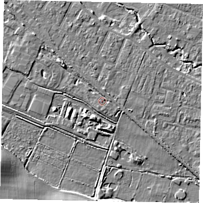 Shaded relief map of the ground around KT169GB, computed from Environment Agency LiDAR. The ground here sits at about 15 m above sea level and falls 10 m across the surrounding 800 m. Surface water reaching this point runs off ground lying to the north-west, 2.7 m higher.