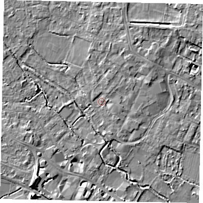 Shaded relief map of the ground around KT169GG, computed from Environment Agency LiDAR. The ground here sits at about 13 m above sea level and falls 11 m across the surrounding 800 m. Surface water reaching this point runs off ground lying to the north-east, 1.6 m higher.