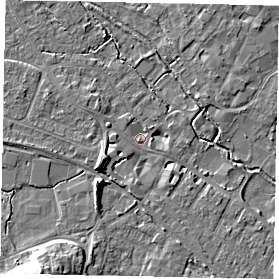 Shaded relief map of the ground around KT169GN, computed from Environment Agency LiDAR. The ground here sits at about 14 m above sea level and falls 12 m across the surrounding 800 m. Surface water reaching this point runs off ground lying to the south-west, 9.1 m higher.