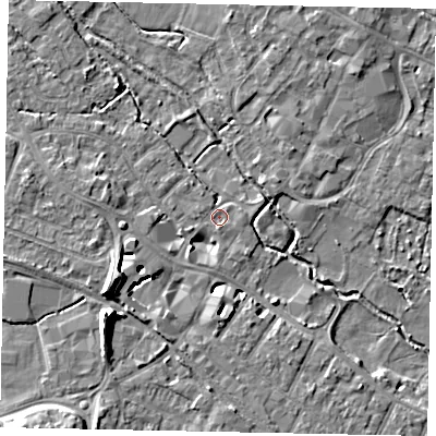 Shaded relief map of the ground around KT169GP, computed from Environment Agency LiDAR. The ground here sits at about 13 m above sea level and falls 10 m across the surrounding 800 m. Surface water reaching this point runs off ground lying to the south-west, 9.1 m higher.