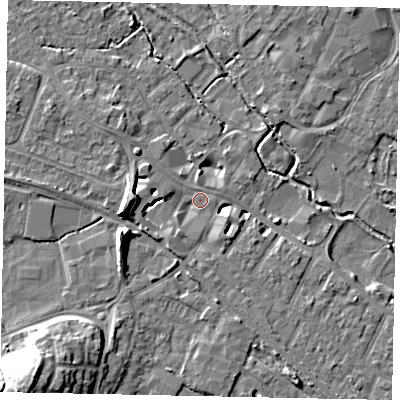 Shaded relief map of the ground around KT169GU, computed from Environment Agency LiDAR. The ground here sits at about 14 m above sea level and falls 15 m across the surrounding 800 m. Surface water reaching this point runs off ground lying to the west, 9.1 m higher.