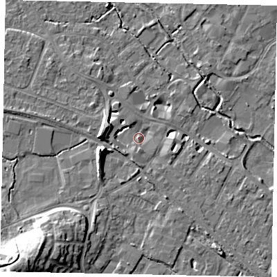 Shaded relief map of the ground around KT169GY, computed from Environment Agency LiDAR. The ground here sits at about 14 m above sea level and falls 16 m across the surrounding 800 m. Surface water reaching this point runs off ground lying to the west, 9.1 m higher.