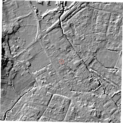 Shaded relief map of the ground around KT169HA, computed from Environment Agency LiDAR. The ground here sits at about 14 m above sea level and falls 9 m across the surrounding 800 m. The ground contributing surface water to this point lies to the south-south-west.
