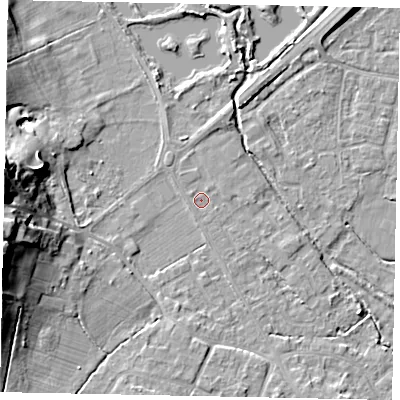 Shaded relief map of the ground around KT169HB, computed from Environment Agency LiDAR. The ground here sits at about 14 m above sea level and falls 19 m across the surrounding 800 m. Surface water reaching this point runs off ground lying to the north-north-east, 1.2 m higher.