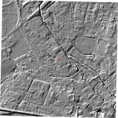 Shaded relief map of the ground around KT169HE, computed from Environment Agency LiDAR. The ground here sits at about 14 m above sea level and falls 6 m across the surrounding 800 m. The ground contributing surface water to this point lies to the east.