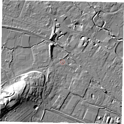 Shaded relief map of the ground around KT169HH, computed from Environment Agency LiDAR. The ground here sits at about 15 m above sea level and falls 18 m across the surrounding 800 m. Surface water reaching this point runs off ground lying to the south-west, 14.0 m higher.