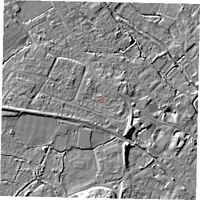 Shaded relief map of the ground around KT169HJ, computed from Environment Agency LiDAR. The ground here sits at about 15 m above sea level and falls 9 m across the surrounding 800 m. Surface water reaching this point runs off ground lying to the north-north-west, 0.9 m higher.
