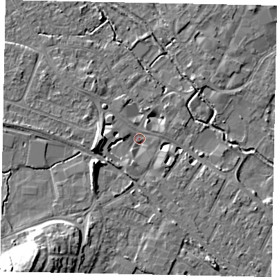 Shaded relief map of the ground around KT169HL, computed from Environment Agency LiDAR. The ground here sits at about 14 m above sea level and falls 14 m across the surrounding 800 m. Surface water reaching this point runs off ground lying to the west-south-west, 9.1 m higher.