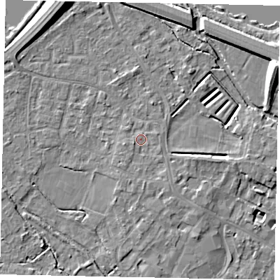 Shaded relief map of the ground around KT169HQ, computed from Environment Agency LiDAR. The ground here sits at about 14 m above sea level and falls 12 m across the surrounding 800 m. Surface water reaching this point runs off ground lying to the south, 1.1 m higher.