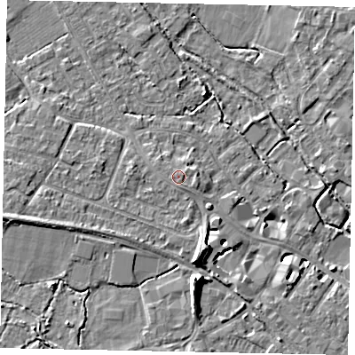 Shaded relief map of the ground around KT169HT, computed from Environment Agency LiDAR. The ground here sits at about 15 m above sea level and falls 10 m across the surrounding 800 m. Surface water reaching this point runs off ground lying to the south-east, 0.5 m higher.