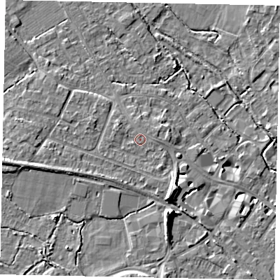 Shaded relief map of the ground around KT169HU, computed from Environment Agency LiDAR. The ground here sits at about 15 m above sea level and falls 9 m across the surrounding 800 m. The ground contributing surface water to this point lies to the north.