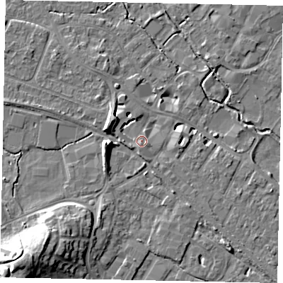Shaded relief map of the ground around KT169HW, computed from Environment Agency LiDAR. The ground here sits at about 14 m above sea level and falls 16 m across the surrounding 800 m. Surface water reaching this point runs off ground lying to the south-west, 1.4 m higher.