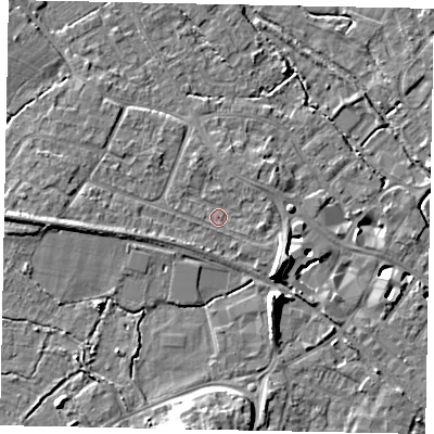 Shaded relief map of the ground around KT169HX, computed from Environment Agency LiDAR. The ground here sits at about 15 m above sea level and falls 10 m across the surrounding 800 m. Surface water reaching this point runs off ground lying to the north-north-west, 0.9 m higher.