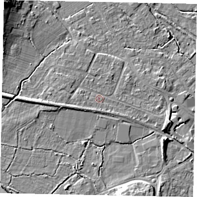 Shaded relief map of the ground around KT169HY, computed from Environment Agency LiDAR. The ground here sits at about 15 m above sea level and falls 13 m across the surrounding 800 m. Surface water reaching this point runs off ground lying to the west, 2.7 m higher.