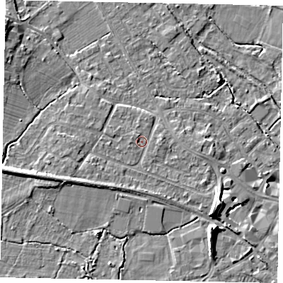 Shaded relief map of the ground around KT169HZ, computed from Environment Agency LiDAR. The ground here sits at about 15 m above sea level and falls 9 m across the surrounding 800 m. Surface water reaching this point runs off ground lying to the west-south-west, 2.9 m higher.