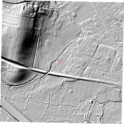 Shaded relief map of the ground around KT169JD, computed from Environment Agency LiDAR. The ground here sits at about 15 m above sea level and falls 23 m across the surrounding 800 m. Surface water reaching this point runs off ground lying to the south-south-east, 2.6 m higher.
