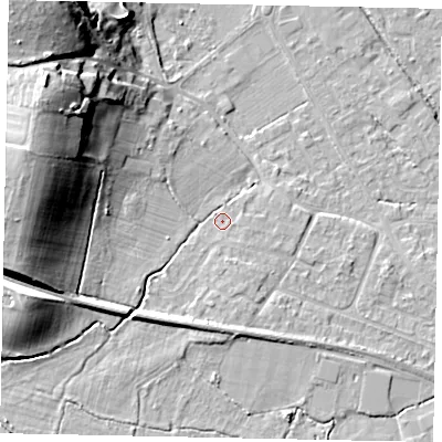 Shaded relief map of the ground around KT169JE, computed from Environment Agency LiDAR. The ground here sits at about 15 m above sea level and falls 26 m across the surrounding 800 m. Surface water reaching this point runs off ground lying to the west-north-west, 21.1 m higher.
