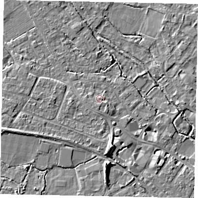 Shaded relief map of the ground around KT169JN, computed from Environment Agency LiDAR. The ground here sits at about 14 m above sea level and falls 10 m across the surrounding 800 m. Surface water reaching this point runs off ground lying to the south, 1.3 m higher.