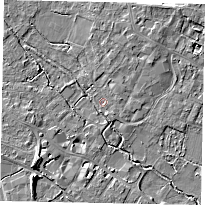 Shaded relief map of the ground around KT169JU, computed from Environment Agency LiDAR. The ground here sits at about 13 m above sea level and falls 11 m across the surrounding 800 m. Surface water reaching this point runs off ground lying to the south-east, 1.6 m higher.