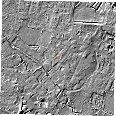 Shaded relief map of the ground around KT169JW, computed from Environment Agency LiDAR. The ground here sits at about 14 m above sea level and falls 10 m across the surrounding 800 m. Surface water reaching this point runs off ground lying to the north-east, 1.6 m higher.