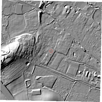 Shaded relief map of the ground around KT169JX, computed from Environment Agency LiDAR. The ground here sits at about 15 m above sea level and falls 17 m across the surrounding 800 m. Surface water reaching this point runs off ground lying to the west, 14.0 m higher.