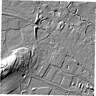 Shaded relief map of the ground around KT169LN, computed from Environment Agency LiDAR. The ground here sits at about 14 m above sea level and falls 16 m across the surrounding 800 m. Surface water reaching this point runs off ground lying to the south-west, 2.5 m higher.