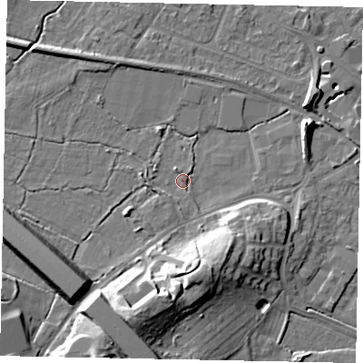 Shaded relief map of the ground around KT169LY, computed from Environment Agency LiDAR. The ground here sits at about 15 m above sea level and falls 18 m across the surrounding 800 m. Surface water reaching this point runs off ground lying to the west, 2.1 m higher.