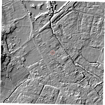 Shaded relief map of the ground around KT169NE, computed from Environment Agency LiDAR. The ground here sits at about 14 m above sea level and falls 9 m across the surrounding 800 m. Surface water reaching this point runs off ground lying to the north-north-west, 1.4 m higher.