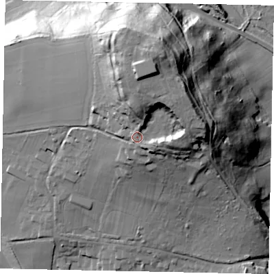 Shaded relief map of the ground around KT169NN, computed from Environment Agency LiDAR. The ground here sits at about 54 m above sea level and falls 56 m across the surrounding 800 m. Surface water reaching this point runs off ground lying to the north, 13.5 m higher.