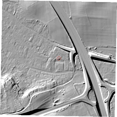 Shaded relief map of the ground around KT169PA, computed from Environment Agency LiDAR. The ground here sits at about 20 m above sea level and falls 24 m across the surrounding 800 m. Surface water reaching this point runs off ground lying to the south-west, 19.5 m higher.