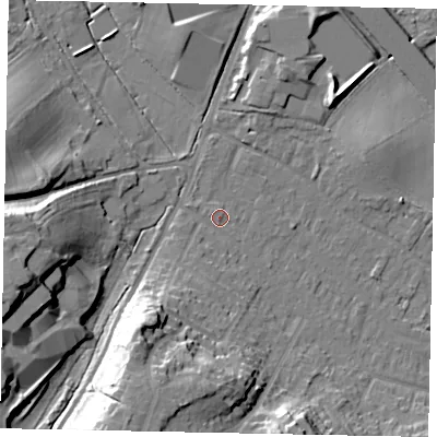 Shaded relief map of the ground around KT169PJ, computed from Environment Agency LiDAR. The ground here sits at about 21 m above sea level and falls 22 m across the surrounding 800 m. Surface water reaching this point runs off ground lying to the south-south-west, 15.4 m higher.