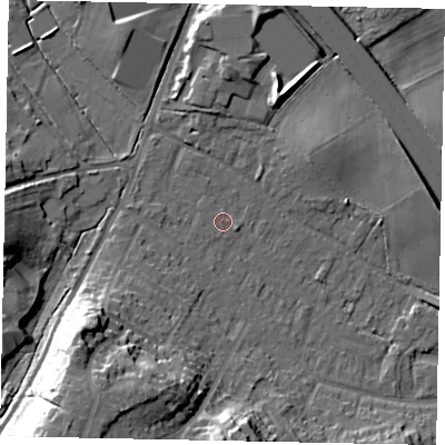 Shaded relief map of the ground around KT169PL, computed from Environment Agency LiDAR. The ground here sits at about 21 m above sea level and falls 22 m across the surrounding 800 m. Surface water reaching this point runs off ground lying to the south-west, 16.0 m higher.