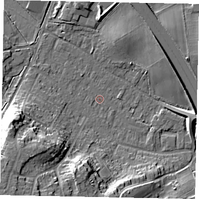 Shaded relief map of the ground around KT169PP, computed from Environment Agency LiDAR. The ground here sits at about 20 m above sea level and falls 24 m across the surrounding 800 m. Surface water reaching this point runs off ground lying to the south-west, 21.6 m higher.