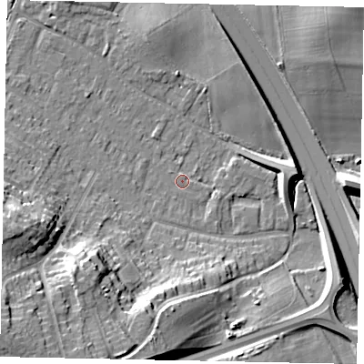 Shaded relief map of the ground around KT169PR, computed from Environment Agency LiDAR. The ground here sits at about 20 m above sea level and falls 22 m across the surrounding 800 m. Surface water reaching this point runs off ground lying to the south-south-west, 1.2 m higher.