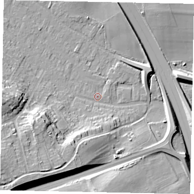 Shaded relief map of the ground around KT169PS, computed from Environment Agency LiDAR. The ground here sits at about 20 m above sea level and falls 22 m across the surrounding 800 m. Surface water reaching this point runs off ground lying to the south-west, 19.0 m higher.