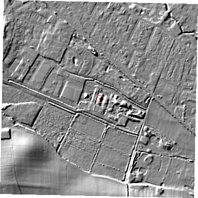 Shaded relief map of the ground around KT169QD, computed from Environment Agency LiDAR. The ground here sits at about 16 m above sea level and falls 13 m across the surrounding 800 m. Surface water reaching this point runs off ground lying to the south, 2.5 m higher.